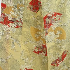 小紋 扇面に梅菊文様 袷 広衿 黄色 正絹 仕立て上がり カジュアル着物 身丈158cm 【キモノオフ野々市若松店】の画像