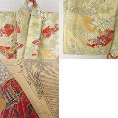 小紋 扇面に梅菊文様 袷 広衿 黄色 正絹 仕立て上がり カジュアル着物 身丈158cm 【キモノオフ野々市若松店】の画像