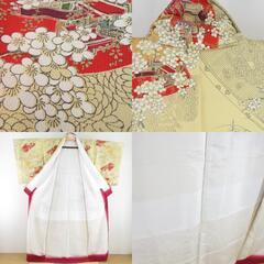 小紋 扇面に梅菊文様 袷 広衿 黄色 正絹 仕立て上がり カジュアル着物 身丈158cm 【キモノオフ野々市若松店】の画像