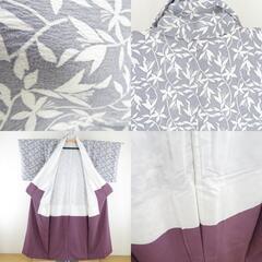 小紋 枝花文様 袷 広衿 灰色 正絹 仕立て上がり カジュアル着物 身丈152cm 【キモノオフ野々市若松店】の画像