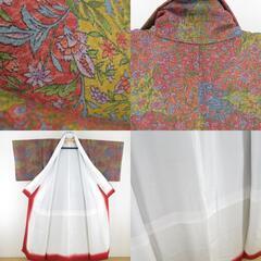 小紋 裂取りに花文様 袷 広衿 赤茶色 正絹 仕立て上がり カジュアル着物 身丈150cm 【キモノオフ野々市若松店】の画像