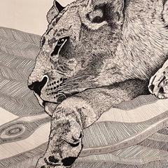箱付き原画　ラビンドラ・ダンクス作品　ライオン　大きめな絵画　箱サイズ125×90の画像