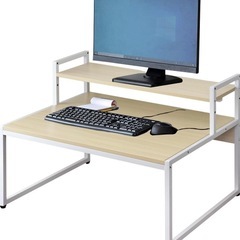 ottostyle.jp パソコンデスク ロータイプ モニター台付き PCデスク 【ビーチ/ホワイトフレーム】 2段 補強用パイプと背面板でたわみ防止 キーボードやマウスを収納 洋室 和室 高さ調節 あぐら 座椅子 在宅勤務 テレワーク 勉強机 の画像