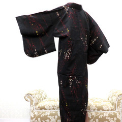 小紋 昔 アンティーク 昔着物 黒 赤 金 白 小花 バチ衿 正絹 昔きもの レトロ 明治・大正ロマン カジュアル 普段使い 身丈149.4cm 【キモノオフ野々市若松店】の画像