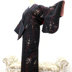小紋 昔 アンティーク 昔着物 黒 赤 金 白 小花 バチ衿 正...