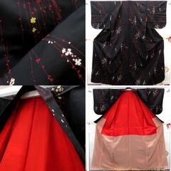 小紋 昔 アンティーク 昔着物 黒 赤 金 白 小花 バチ衿 正絹 昔きもの レトロ 明治・大正ロマン カジュアル 普段使い 身丈149.4cm 【キモノオフ野々市若松店】の画像