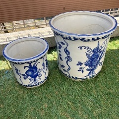植木鉢　中・小2個セット 陶器　白　青