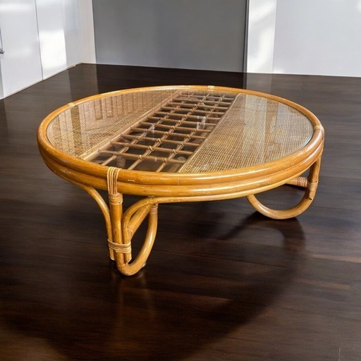 昭和レトロ☆凝ったデザインのラタンの丸テーブル ガラス天板 直径80