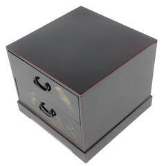 ss7380　漆塗り ミニチェスト 2段 黒 和風 卓上 小箪笥 漆器 小物入れ 和小物 鳥 絵付け 木製 小物収納 ミニタンス ブラック ミニチェスト 中古の画像