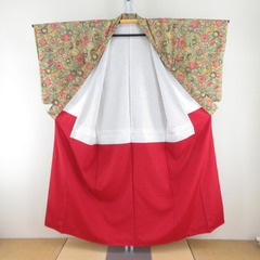 小紋 花々模様 辛子色ｘ緑ｘ赤ピンク色 袷 表絹 広衿 仕立て上がり カジュアル 身丈151cm 【キモノオフ野々市若松店】の画像