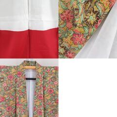 小紋 花々模様 辛子色ｘ緑ｘ赤ピンク色 袷 表絹 広衿 仕立て上がり カジュアル 身丈151cm 【キモノオフ野々市若松店】の画像
