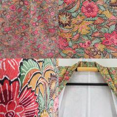 小紋 花々模様 辛子色ｘ緑ｘ赤ピンク色 袷 表絹 広衿 仕立て上がり カジュアル 身丈151cm 【キモノオフ野々市若松店】の画像