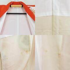 振袖 朱色ｘ白色 金糸 刺繍入り 波に丸に花紋様 正絹 成人式 仕立て上がり 身丈161cm 【キモノオフ野々市若松店】の画像