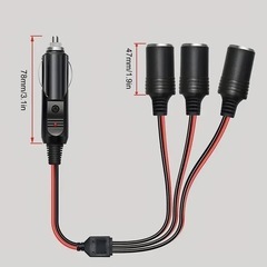 3wayカープラグスプリッターアダプター、LEDライト付き、16AWGワイヤー、15Aヒューズ - 複数デバイス用電源充電ポート、ブラック＆レッドシガーライターコネクター、プラグアダプターの画像