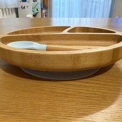 【決定済み】Avanchy アヴァンシー ひっくり返らない 竹食器 出産祝い・ギフト プレート 吸盤・スプーン付き グレーの画像