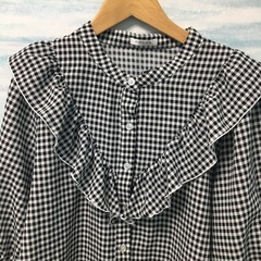 春　ギンガムチェック　ブラウス　七分袖　フリル　Lサイズの画像