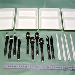 値下げ↓　未使用　ステンレス製カトラリーとミニプレート　4客セッ...
