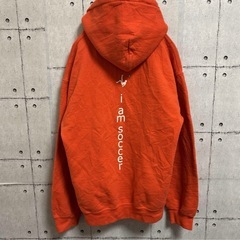 オレンジ フードパーカーSサイズ i am soccer 古着の画像