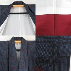 紬 着物 幾何学模様に花模様 紺色ｘ黒色ｘ赤色 正絹 袷 バチ衿 カジュアル 仕立て上がり着物 身丈161cm 【キモノオフ野々市若松店】の画像