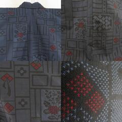 紬 着物 幾何学模様に花模様 紺色ｘ黒色ｘ赤色 正絹 袷 バチ衿 カジュアル 仕立て上がり着物 身丈161cm 【キモノオフ野々市若松店】の画像
