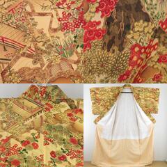 小紋 平安風景に枝花文様 袷 バチ衿 黄色 正絹 仕立て上がり カジュアル着物 身丈160cm 【キモノオフ野々市若松店】の画像