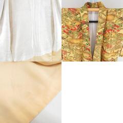 小紋 平安風景に枝花文様 袷 バチ衿 黄色 正絹 仕立て上がり カジュアル着物 身丈160cm 【キモノオフ野々市若松店】の画像