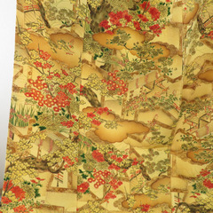 小紋 平安風景に枝花文様 袷 バチ衿 黄色 正絹 仕立て上がり カジュアル着物 身丈160cm 【キモノオフ野々市若松店】の画像