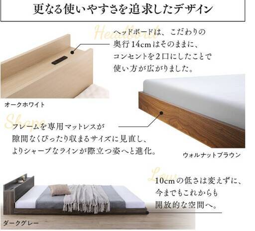 フレームのみ【アウトレット品】ダブル 棚コンセント付き ローベッド フロベッド シャビーグレー