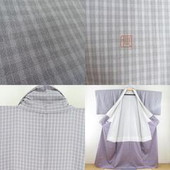 小紋 格子文様 グラデーション 袷 広衿 薄紫色 作家物 落款付 正絹 仕立て上がり カジュアル着物 身丈160cm 【キモノオフ野々市若松店】の画像