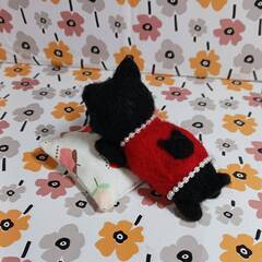 クッション付き　赤い服が似合う黒猫ちゃん　羊毛の画像