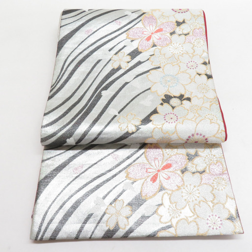 袋帯 振袖用 桜文様 銀色 金糸 銀糸 ラメ糸 六通柄 正絹 仕立て上がり 着物帯 長さ440cm