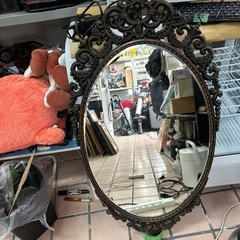 ロココ調　アンティークアジアンミラー　　オーバル型ダークブラウンミラー