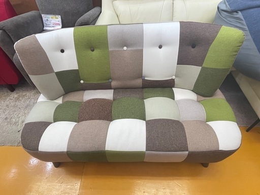 リサイクルサービス八光】幅120㎝ パッチワーク柄2人掛けソファ グリーン