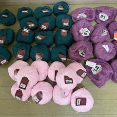 終了【0円】【条件有り】毛糸玉（緑１５玉、紫１０玉、ピンク１０玉）
