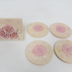 姫系 陶器製 バラ 薔薇モチーフ 小物入れ コースター トレイ 3点まとめてセット フェミニン の画像