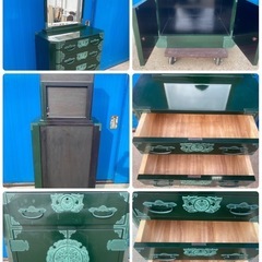 W（0329u5）最高級総桐材　家具5点セット　深緑色　呂色塗り　青銅色金具　桐箪笥　収納箪笥　鏡台　購入時1500万　鍵付　一宮市　引取限定の画像