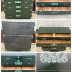 W（0329u5）最高級総桐材　家具5点セット　深緑色　呂色塗り　青銅色金具　桐箪笥　収納箪笥　鏡台　購入時1500万　鍵付　一宮市　引取限定の画像