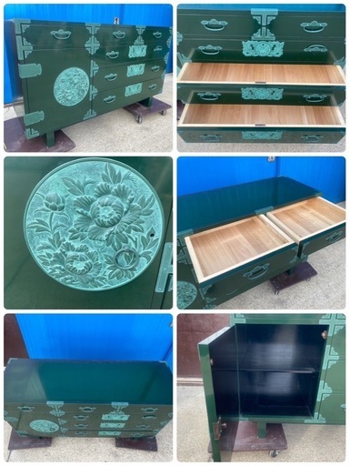 W（0329u5）最高級総桐材　家具5点セット　深緑色　呂色塗り　青銅色金具　桐箪笥　収納箪笥　鏡台　購入時1500万　鍵付　一宮市　