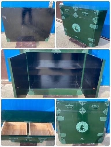 W（0329u5）最高級総桐材　家具5点セット　深緑色　呂色塗り　青銅色金具　桐箪笥　収納箪笥　鏡台　購入時1500万　鍵付　一宮市　