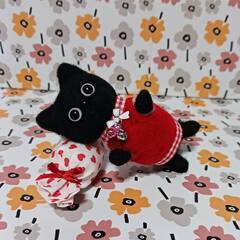 キャンデークッション付き赤い可愛い服着たくろねこちゃん　羊毛の画像