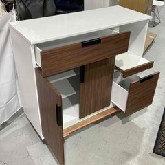 ★山新★レンジボード オープンカウンター レンジ台 W104.5㎝ 木目調 ホワイト×ダークブラウン キッチン収納の画像