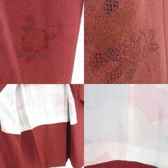 道行 正絹 汕頭刺繍 椿文様 赤色 和装コート 着物用 ちりよけ 仕立て上がり 身丈83cm 【キモノオフ野々市若松店】の画像