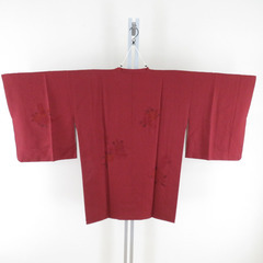 道行 正絹 汕頭刺繍 椿文様 赤色 和装コート 着物用 ちりよけ 仕立て上がり 身丈83cm 【キモノオフ野々市若松店】の画像