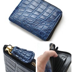財布　メンズ　L字ファスナー財布　ミニ財布　JRA認定　日本製　本クロコダイル　限定カラー 藍染　鰐革の画像