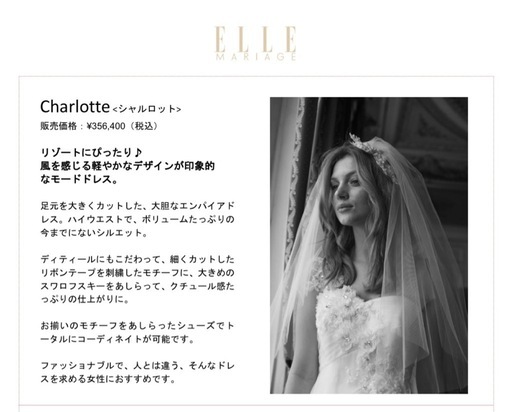 ELLEウエディングドレス(パニエ、ストラップ等セット)