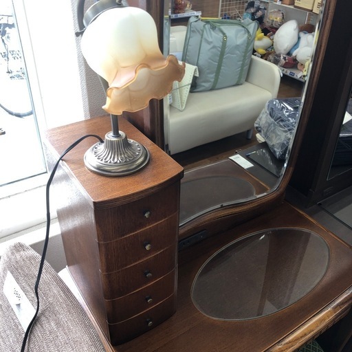 一面ドレッサー　イス付き　引き出し・ライト付き　ブラウン×グリーン【取りに来れる方限定】