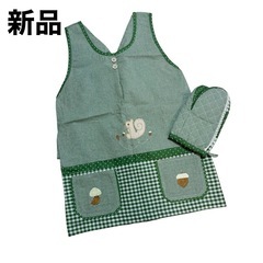 【新品】 エプロン チェック 袖なし りす レトロ　鍋つかみ付き
