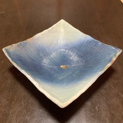 【新品未使用】萬古焼　花器　角皿形の水盤　ブルー系　箱付き　花生　華道