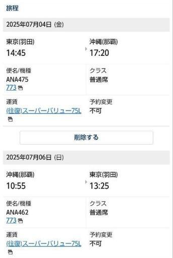 沖縄 羽田 往復航空券 7/4-6