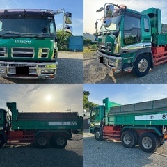 【車検&保証付】ISUZU GIGAダンプ ワンオーナー 記録簿 ３８０馬力 ７速 バックカメラ ラジオ メッキパーツ フロントフォグランプ 総重量１９９２０ｋｇ 車両重量１０５１０ｋｇ 積載量９３００ｋｇ ２人乗り ギガ いすず PDG-CXZ77K8 ディーゼル 貨物  グリーン マニュアル ベッド付の画像